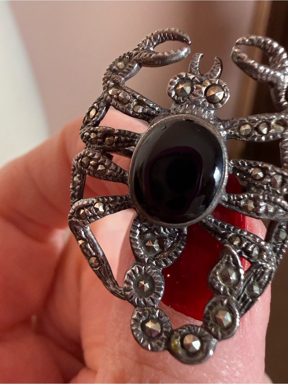 Vintage antique art deco sterling silver marcasite insect scorpion brooch